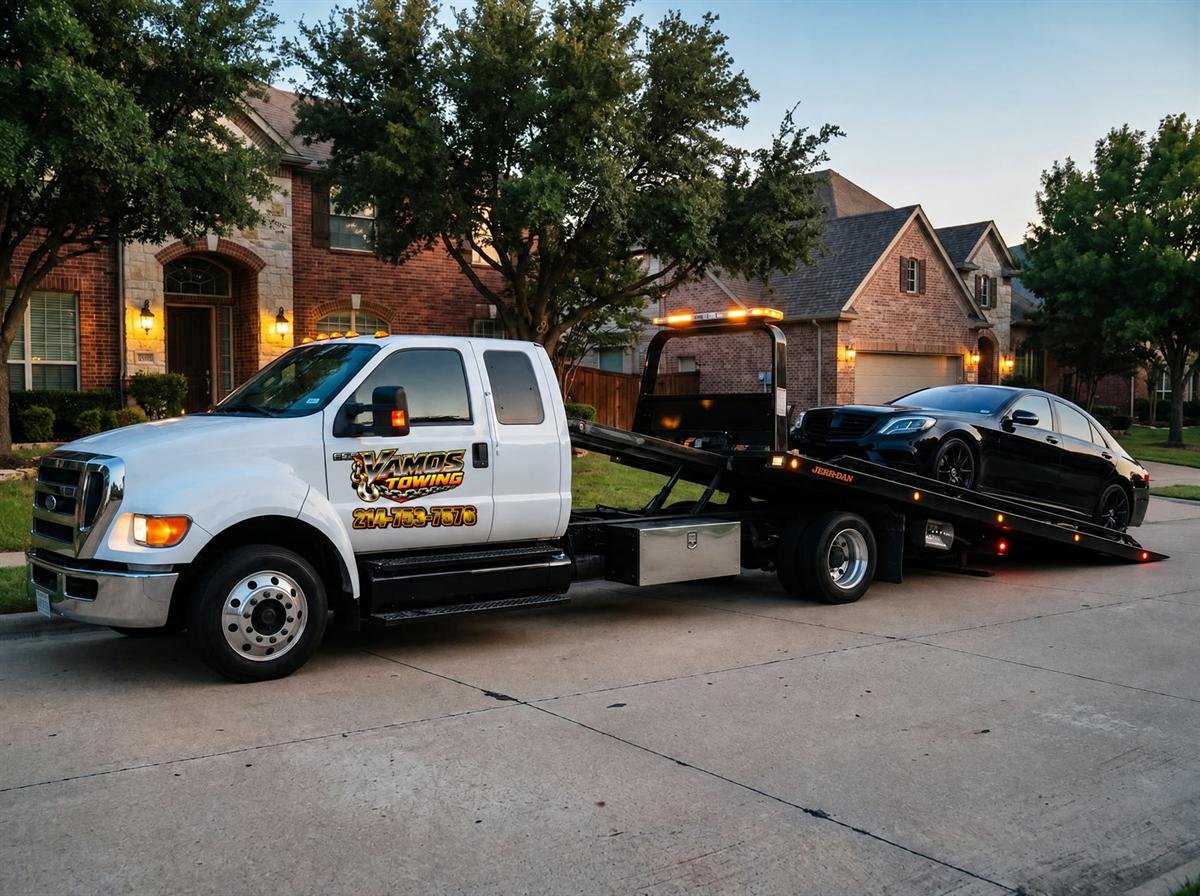 Vamos Towing flatbed winching a black luxury sedan onto the deck at dusk