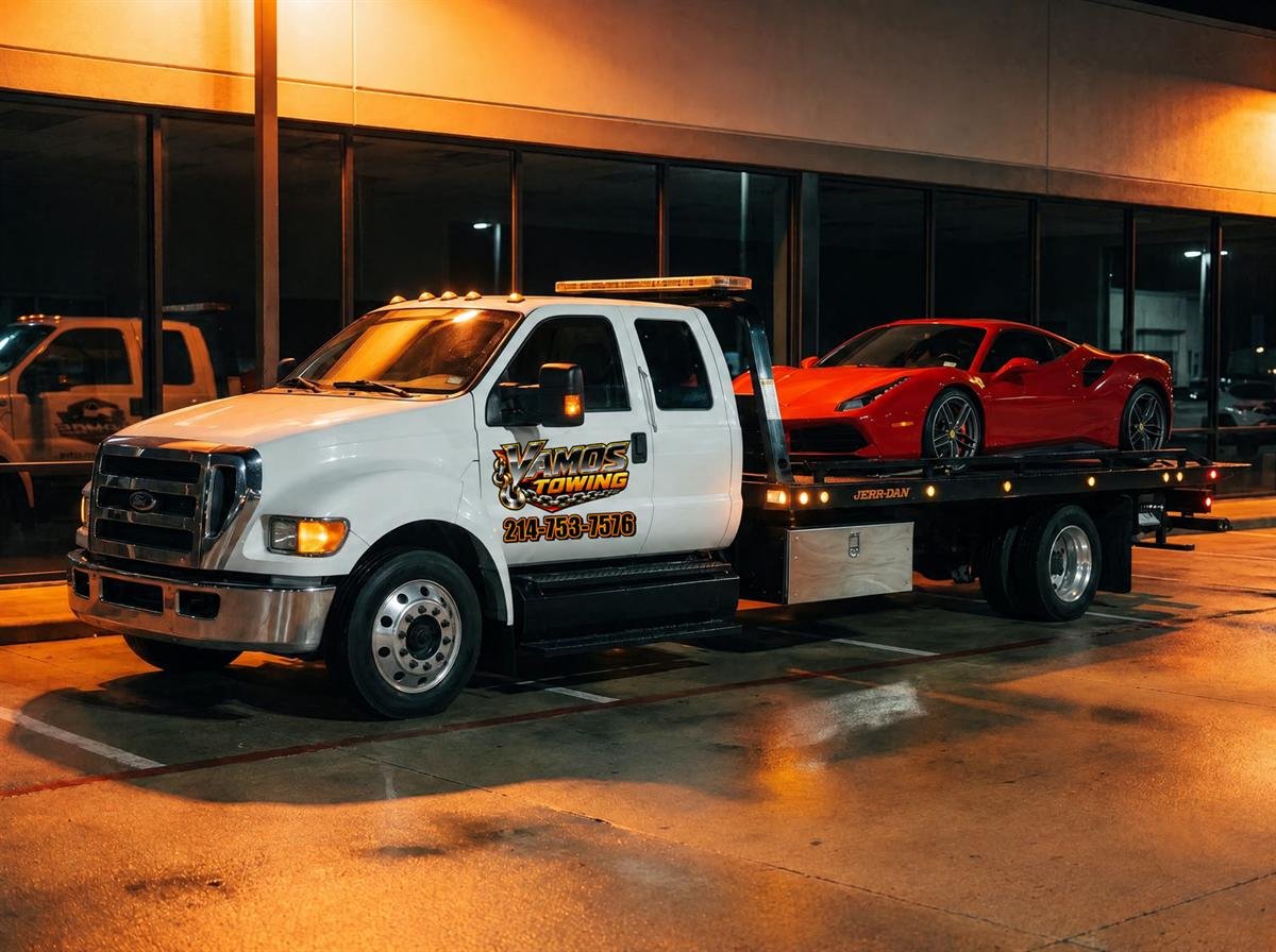 Vamos Towing flatbed with a red exotic sports car strapped down in a dealership lot at night