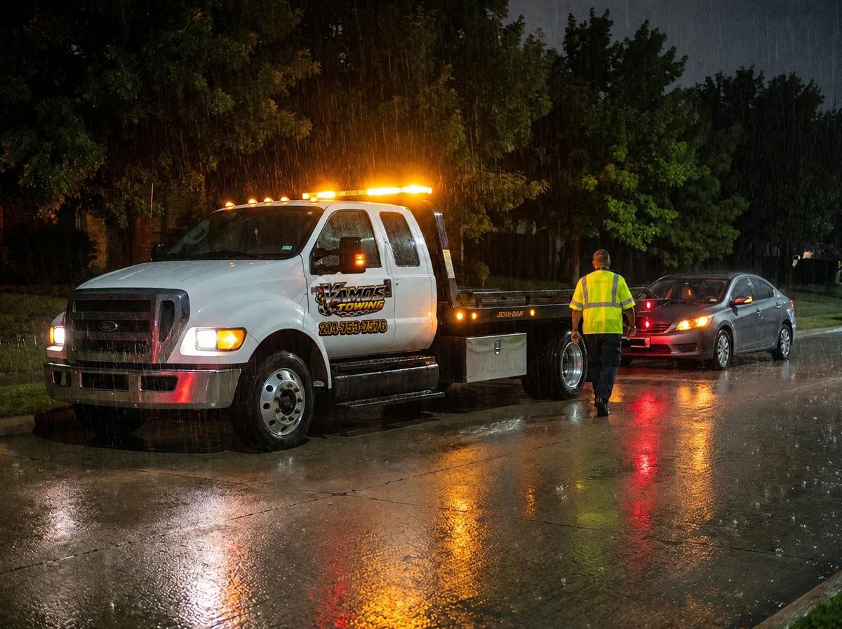 Vamos Towing flatbed arriving behind a stranded sedan on a rainy night